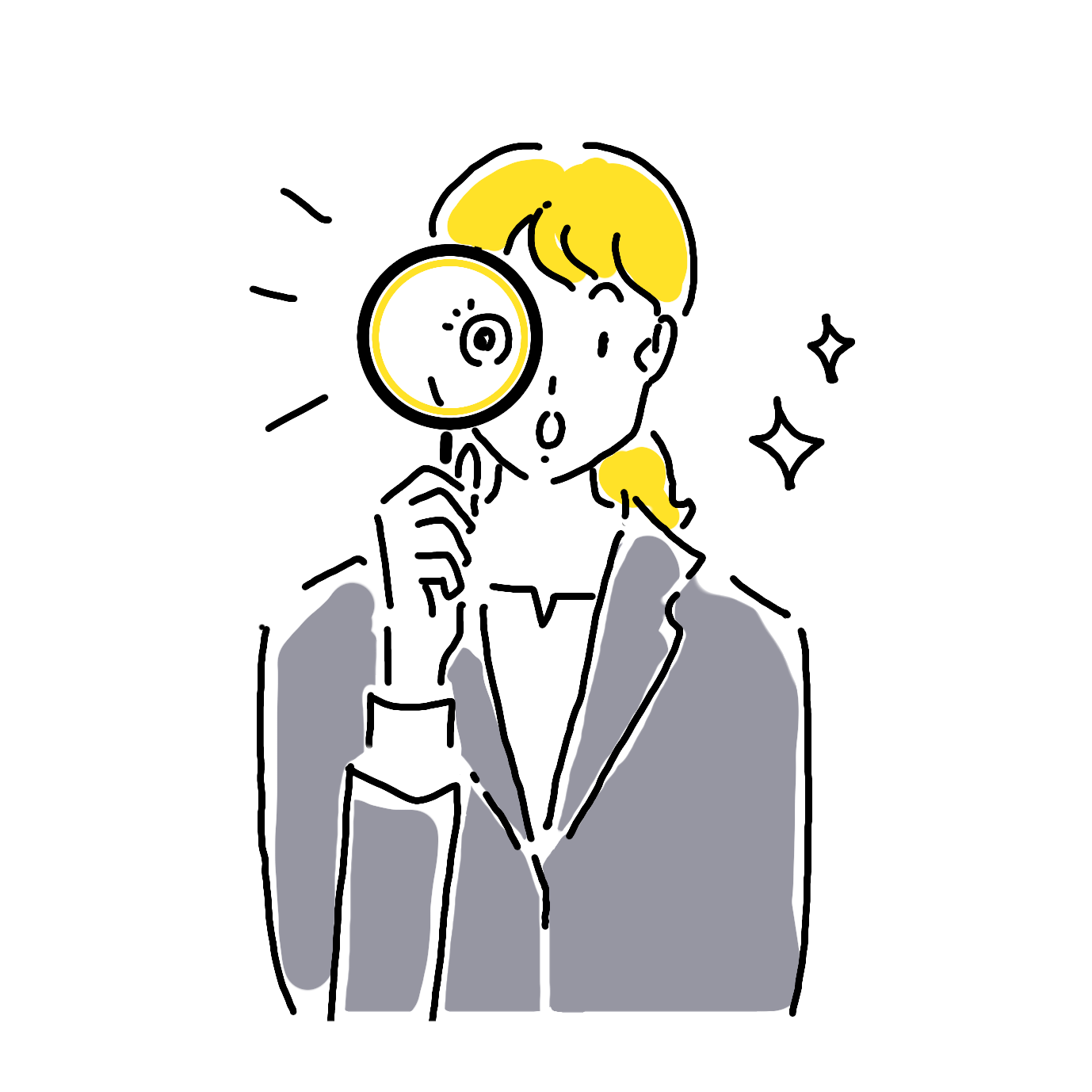 虫眼鏡でのぞき込む女性