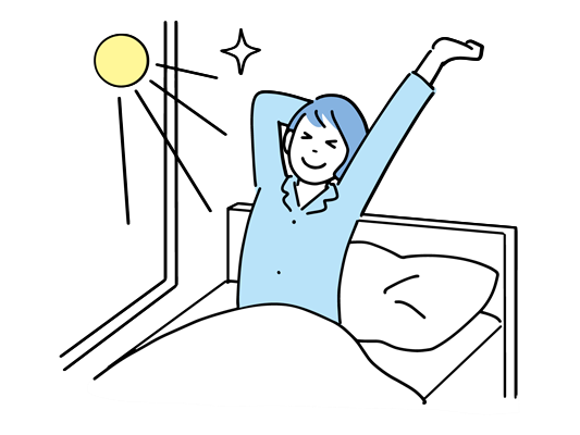 太陽の日を浴びて起床する女性